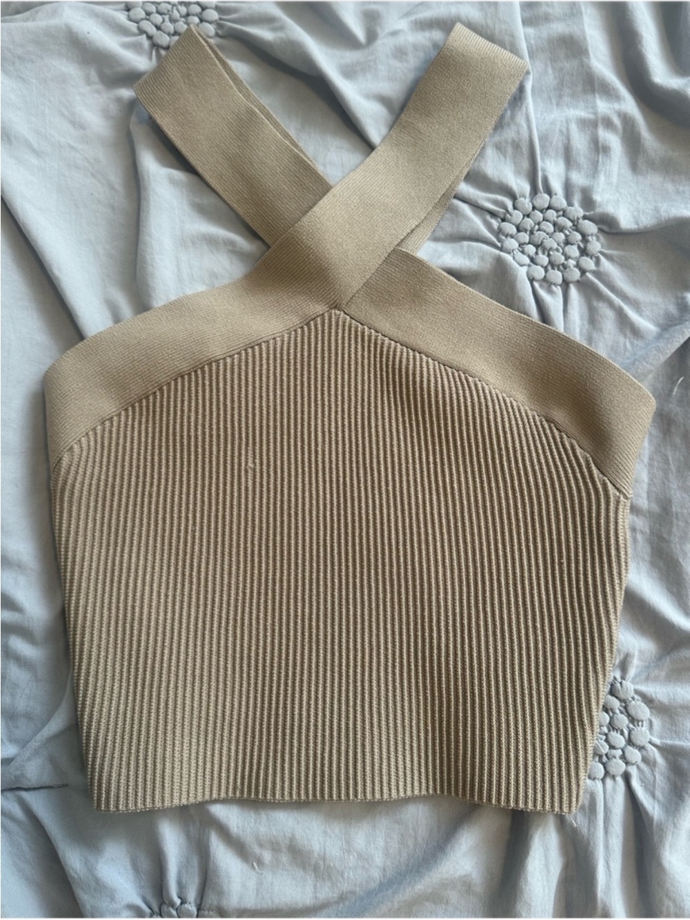 Babaton Neutral Ribbed Cross-Strap Knit Top — Tan